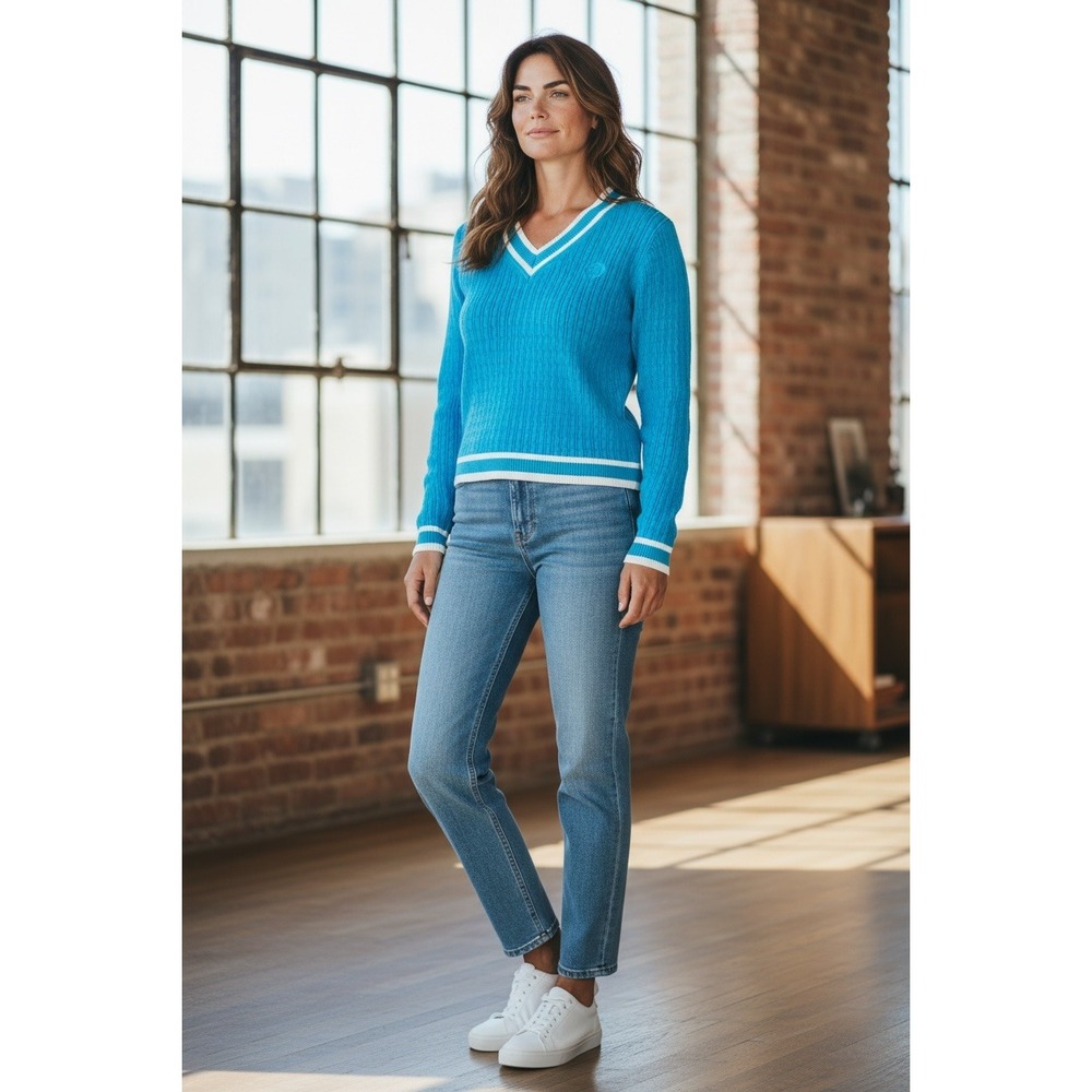 Liz Claiborne Womens XL Blue Cable Knit V-Neck‎ Varsity Stripe Sweater Pullover
